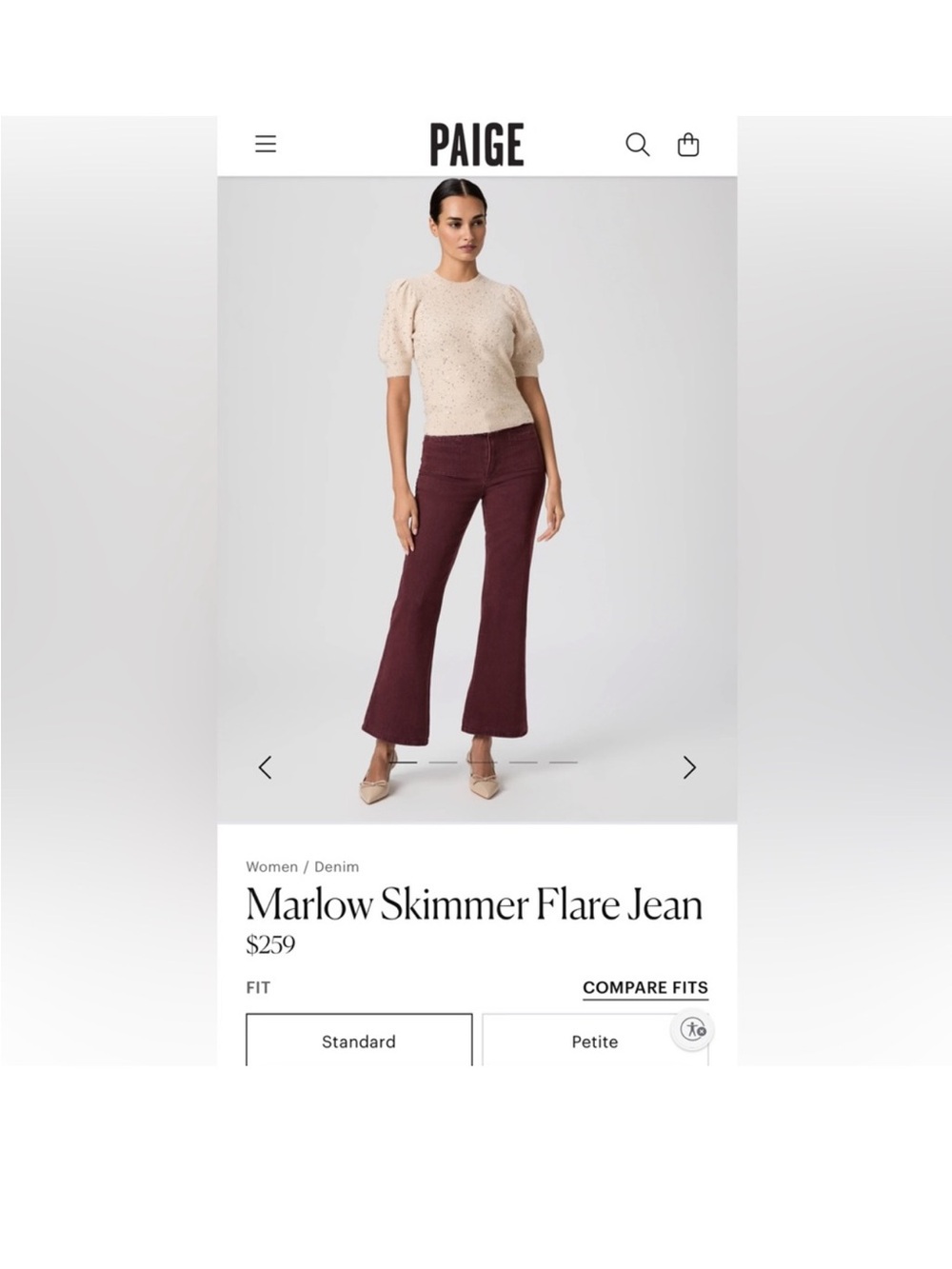 NWT Paige Denim Marlow Skimmer Flare Jeans! Size 26, Dark Oxblood